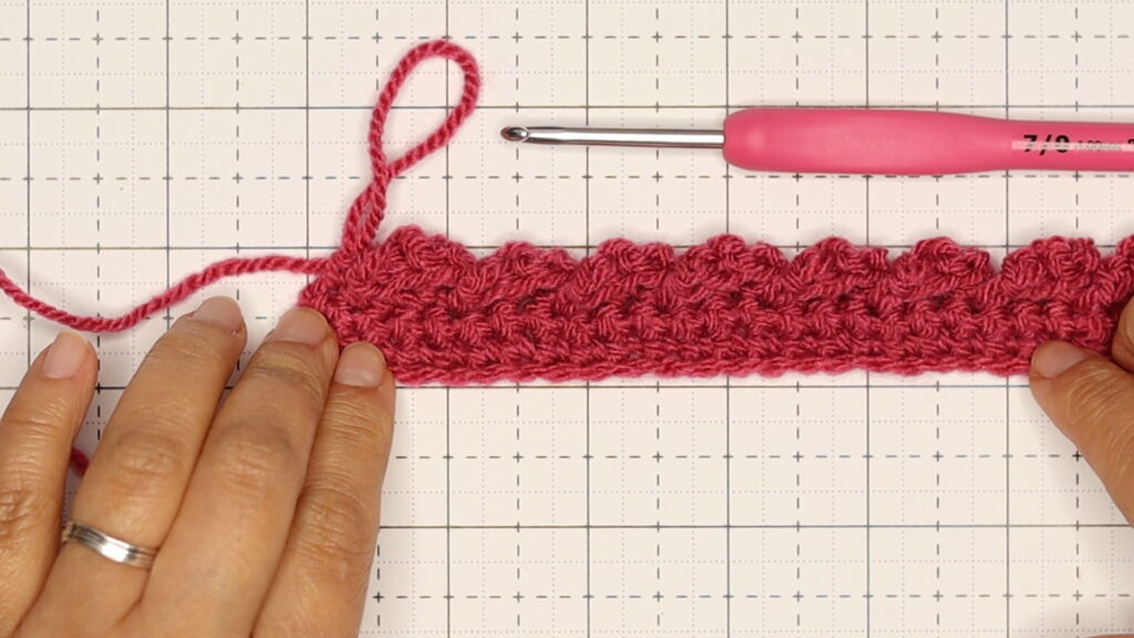 Beth is showing a finished row 3 of the simple cable stitch