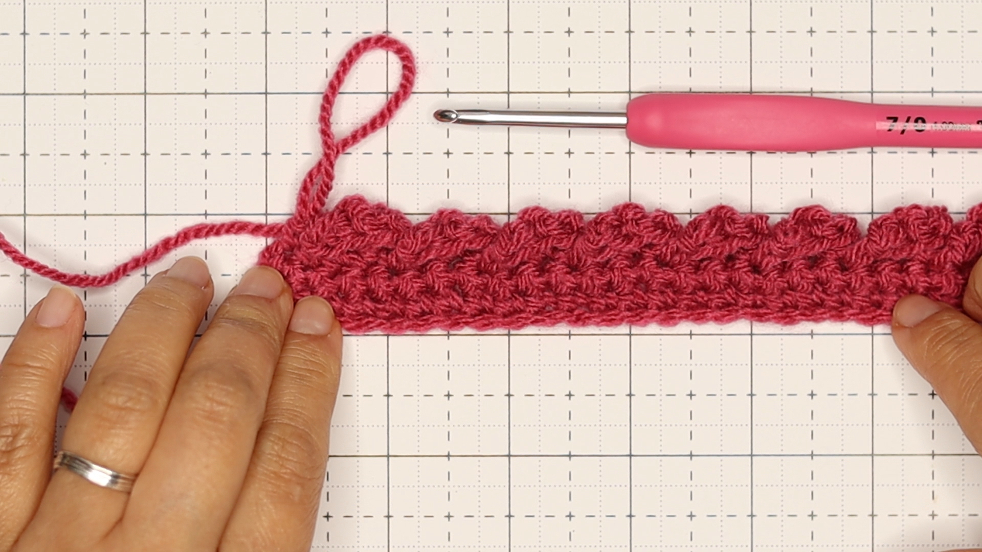 Beth is showing a finished row 3 of the simple cable stitch